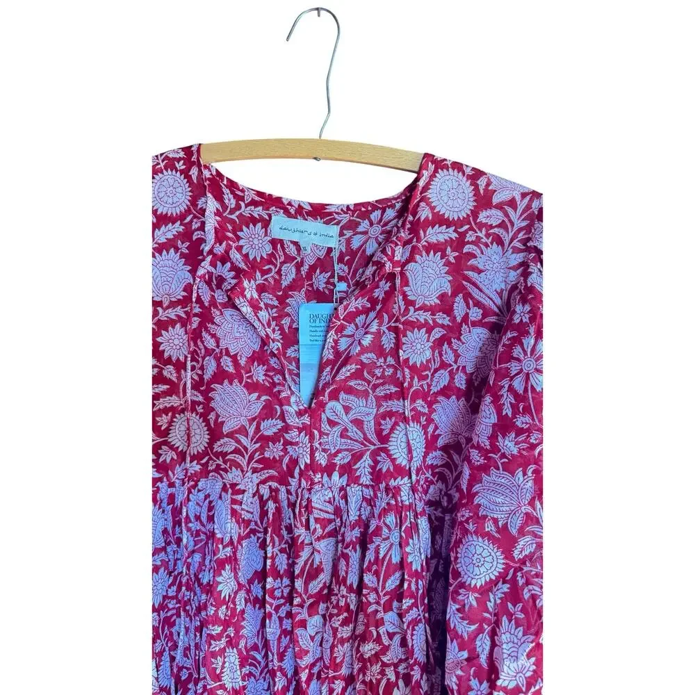 DAUGHTERS OF INDIA NWT Kyra Midi Dress Saffron Red Sz XL Block Print 100% Cotton - Picture 7 of 14